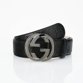 Gucci 黑色 银色 压花 GG Monogram 抛光 Interlocking G 扣头 皮革腰带