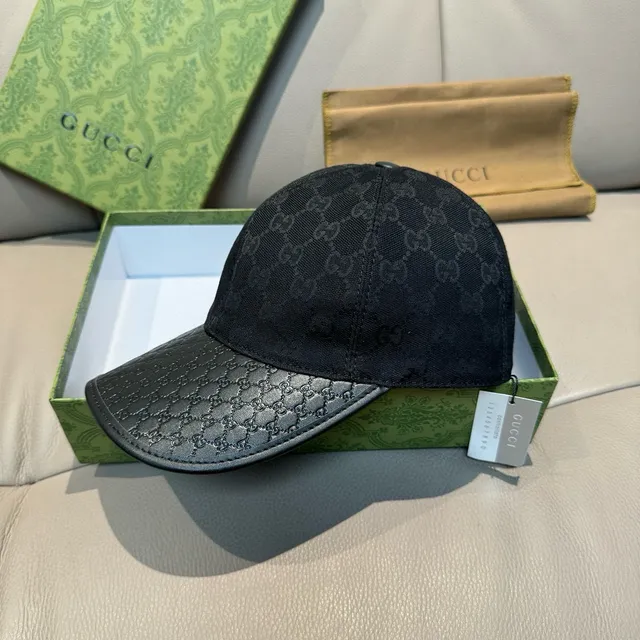 Boné de beisebol Gucci de couro preto com monograma GG Jacquard tonal embossed com aba de couro 9