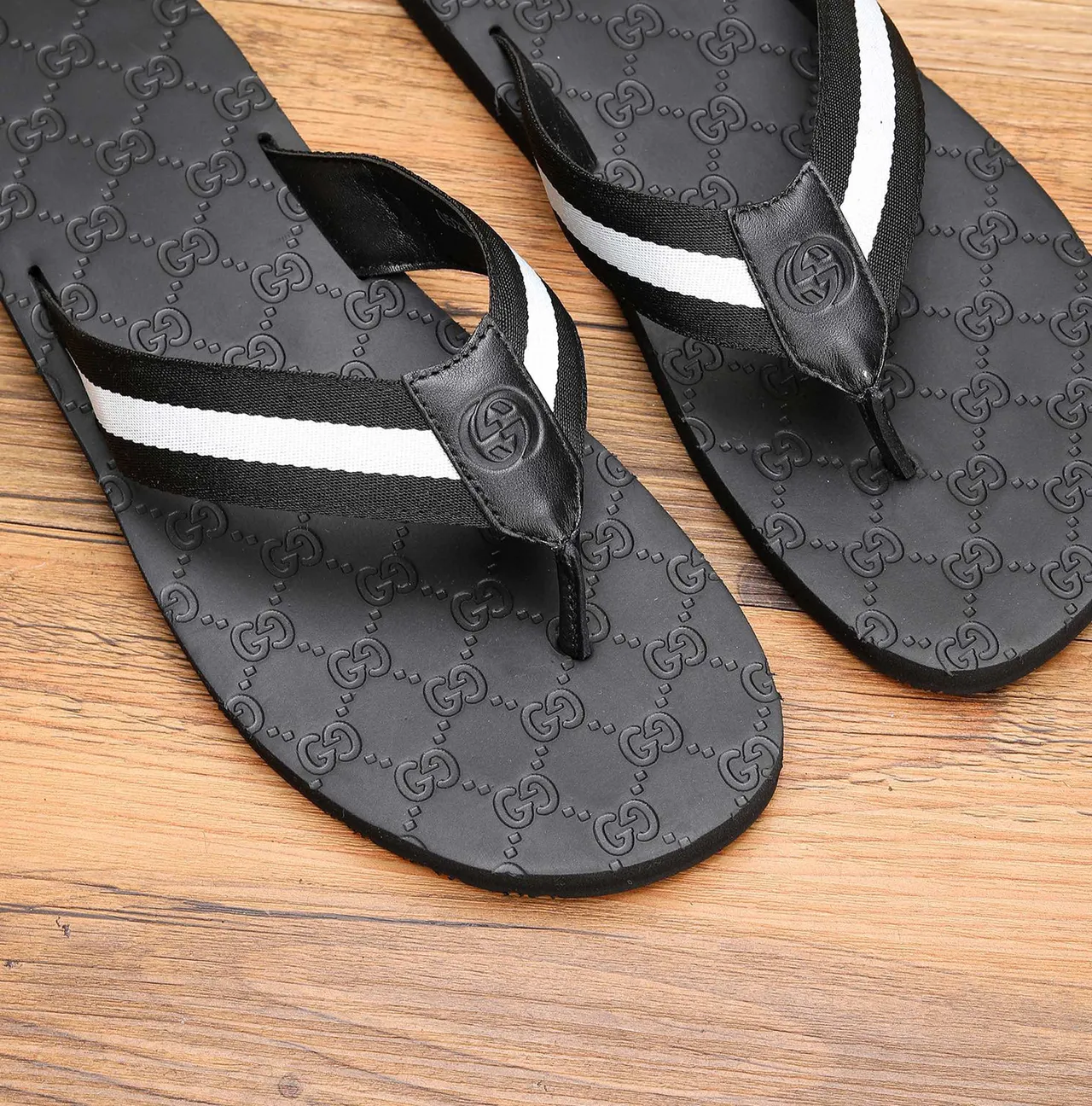 Gucci Black White Embossed GG Monogram Double Stripe Strap Slippers 2