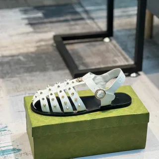 Gucci Dionysus Gladiator Sandal White Gold Studded Multi-Strap Medusa Head Accent Gladiator Sandals