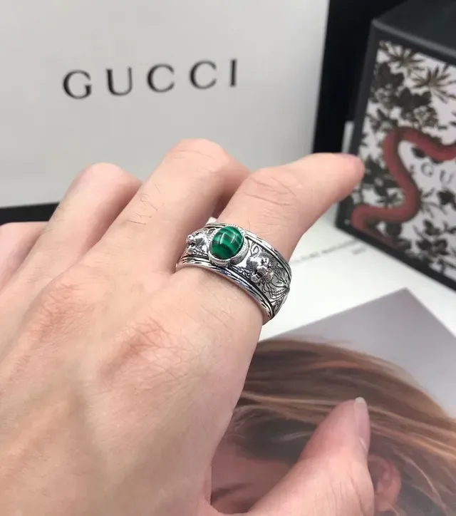 Gucci Dionysus Silver Green Ornate Lion-Head Detailing Cabochon Stone Ring 5