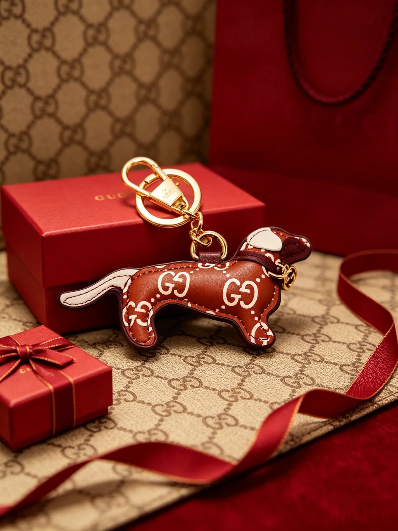 Gucci চাবি হোল্ডার কুকুর বাদামি বেইজ চামড়া সিলুয়েট আন্তঃসংযুক্ত GG মোনোগ্রাম প্রিন্ট ফোন কেস 3