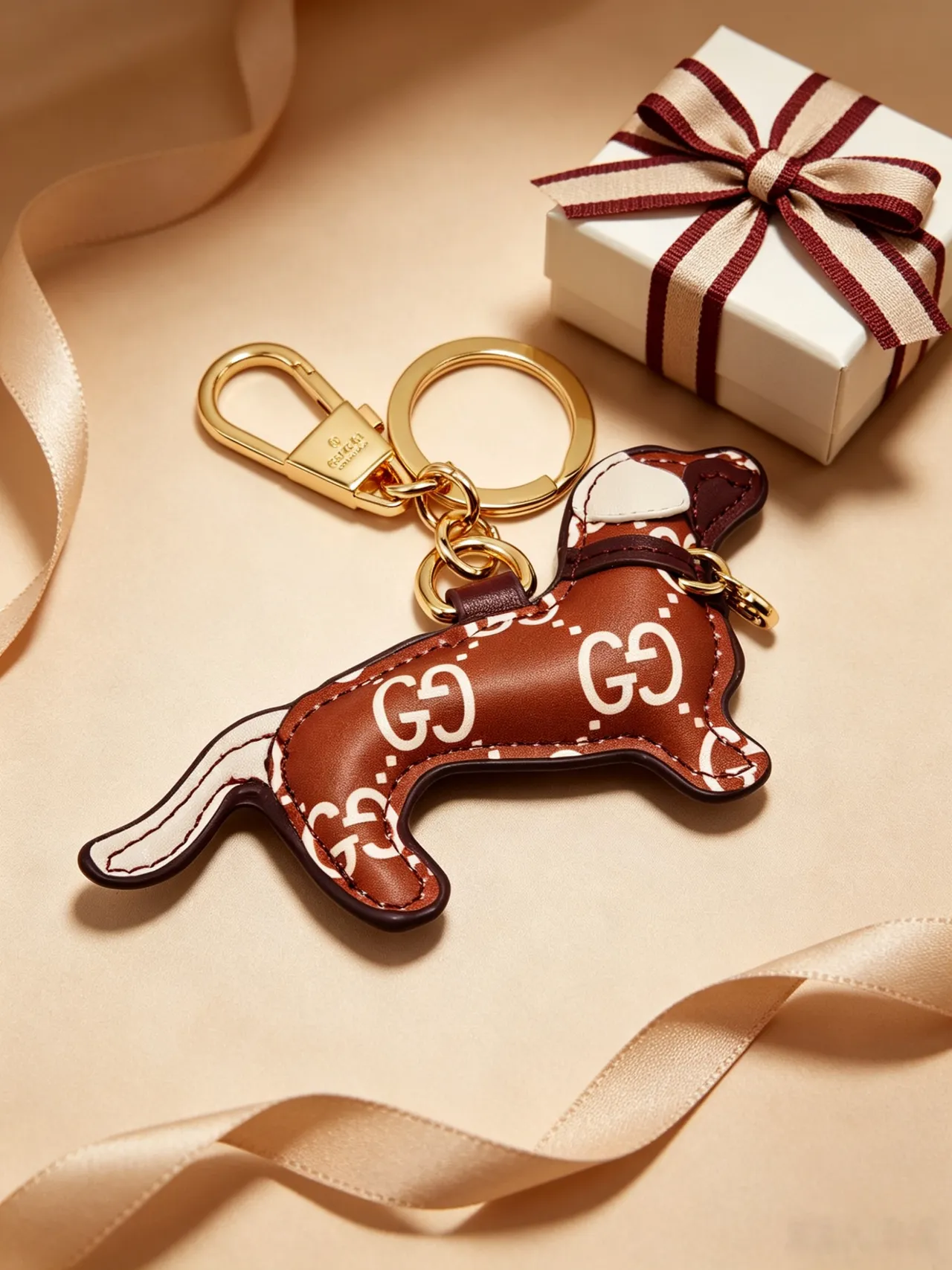 Gucci চাবি হোল্ডার কুকুর বাদামি বেইজ চামড়া সিলুয়েট আন্তঃসংযুক্ত GG মোনোগ্রাম প্রিন্ট ফোন কেস 6