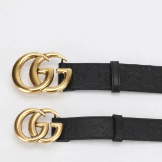Gucci Double G Belt Black Gold Embossed GG Monogram Polished Buckle Leather Belt