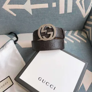 حزام Gucci Double G Belt بني فضي مطبوع GG Monogram إبزيم متداخل جلد حزام