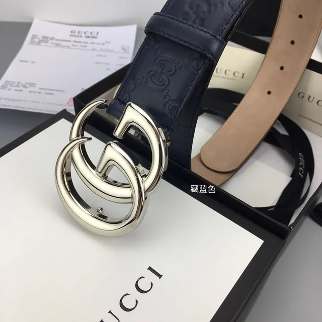Gucci Double G Belt Navy Beige Embossed GG Monogram Interlocking Silver-Tone Buckle Leather Belt 3