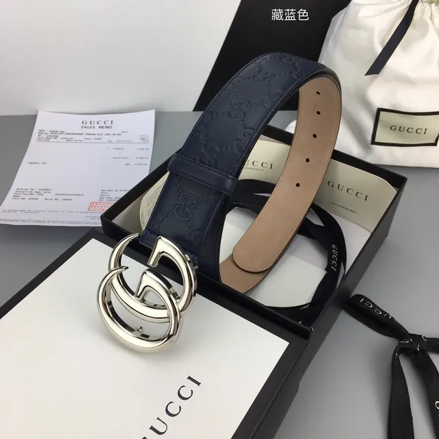 Gucci Double G Belt Navy Beige Embossed GG Monogram Interlocking Silver-Tone Buckle Leather Belt 4