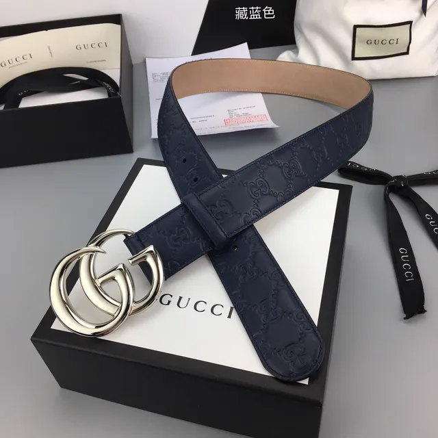 Gucci Double G Belt Navy Beige Embossed GG Monogram Interlocking Silver-Tone Buckle Leather Belt 6