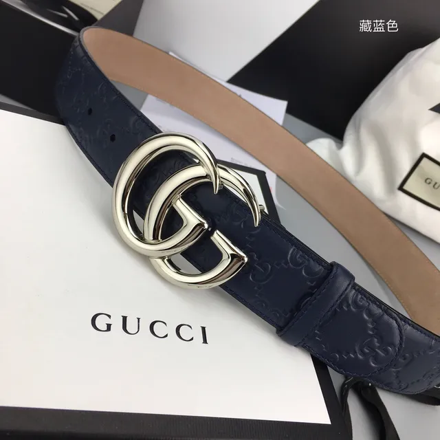 Gucci Double G Belt Navy Beige Embossed GG Monogram Interlocking Silver-Tone Buckle Leather Belt 9