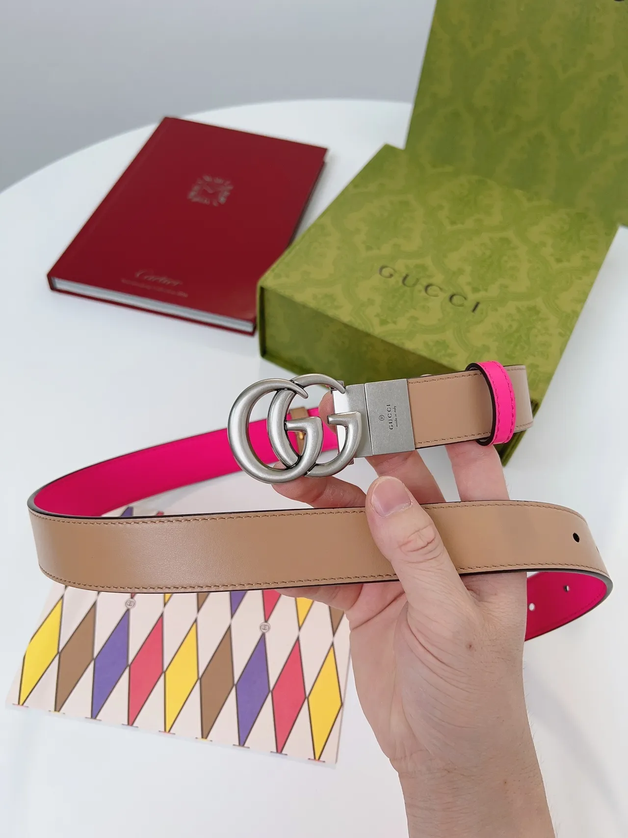 Gucci Double G Ceinture Rose et Beige en Cuir 5