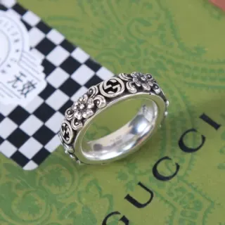 Gucci 花卉雕刻 Interlocking G 银戒指