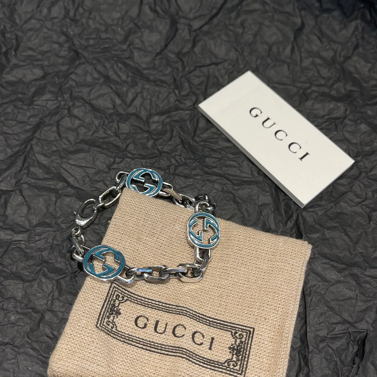 Gucci GG Marmont Pulseira de corrente de prata com esmalte azul 4