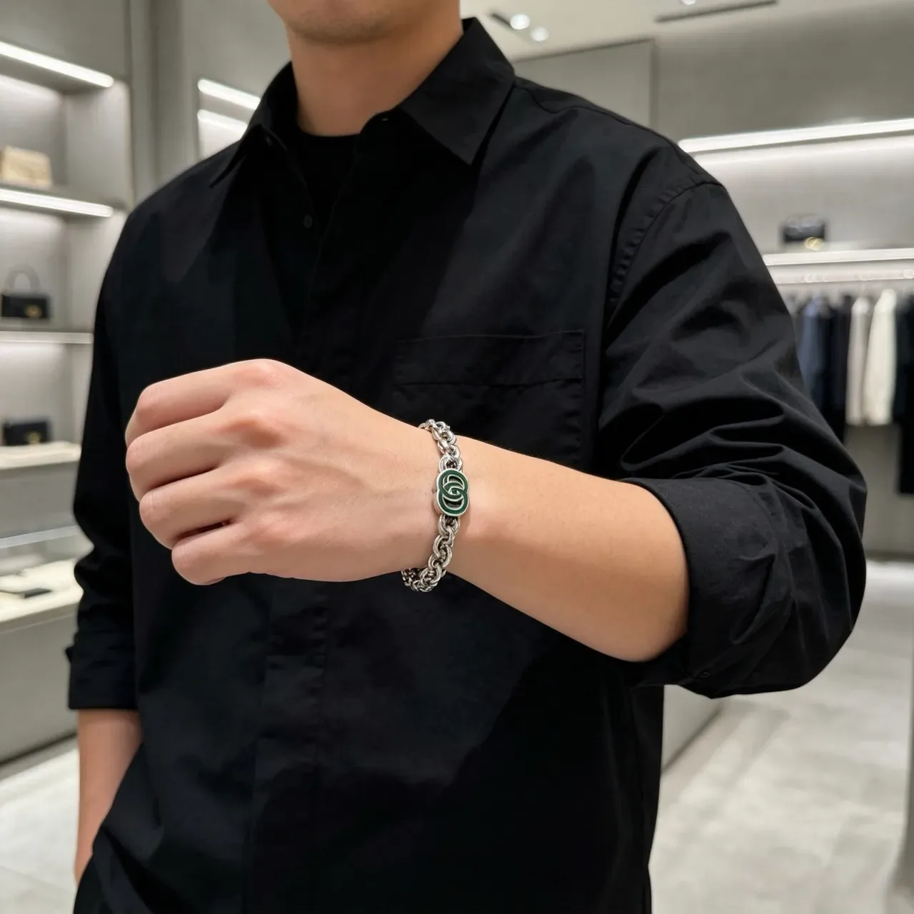 Gucci GG Marmont Green Enamel Silver Chain Bracelet 2