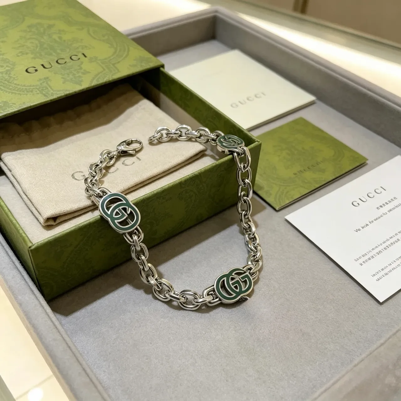 Gucci GG Marmont Green Enamel Silver Chain Bracelet 3