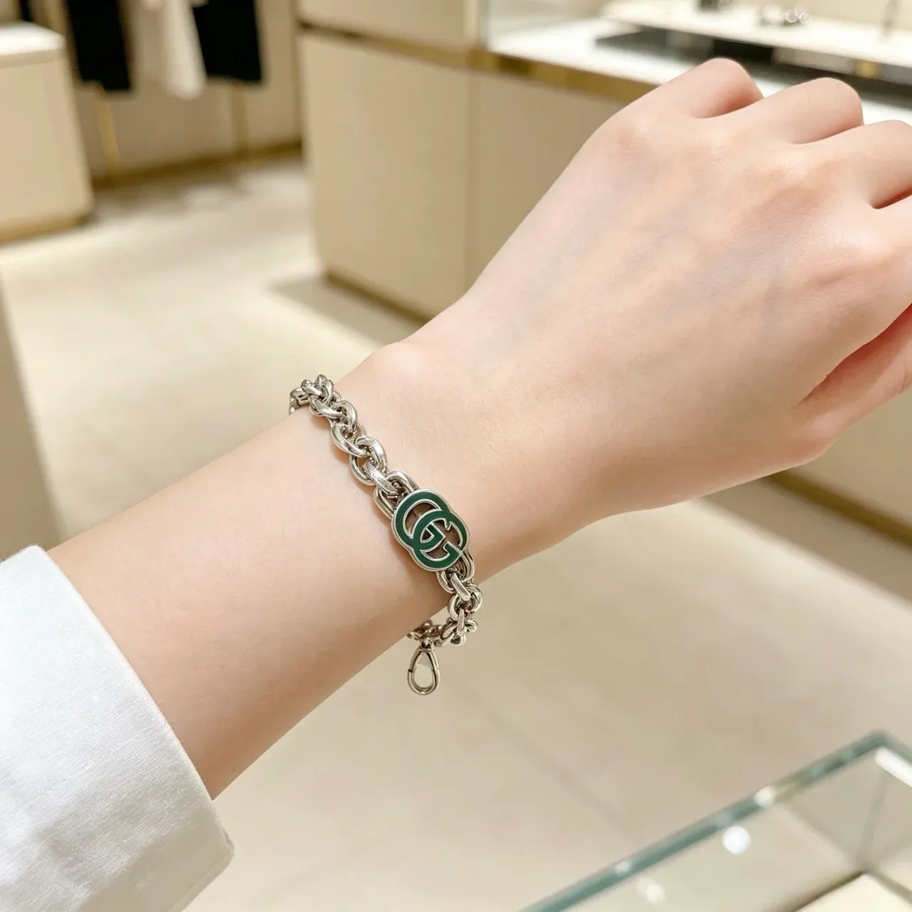Gucci GG Marmont Green Enamel Silver Chain Bracelet 4