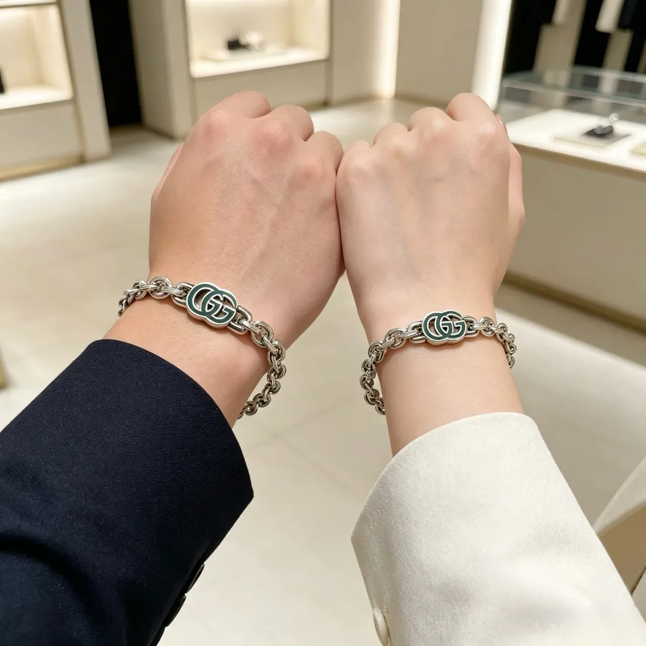 Gucci GG Marmont Green Enamel Silver Chain Bracelet 6