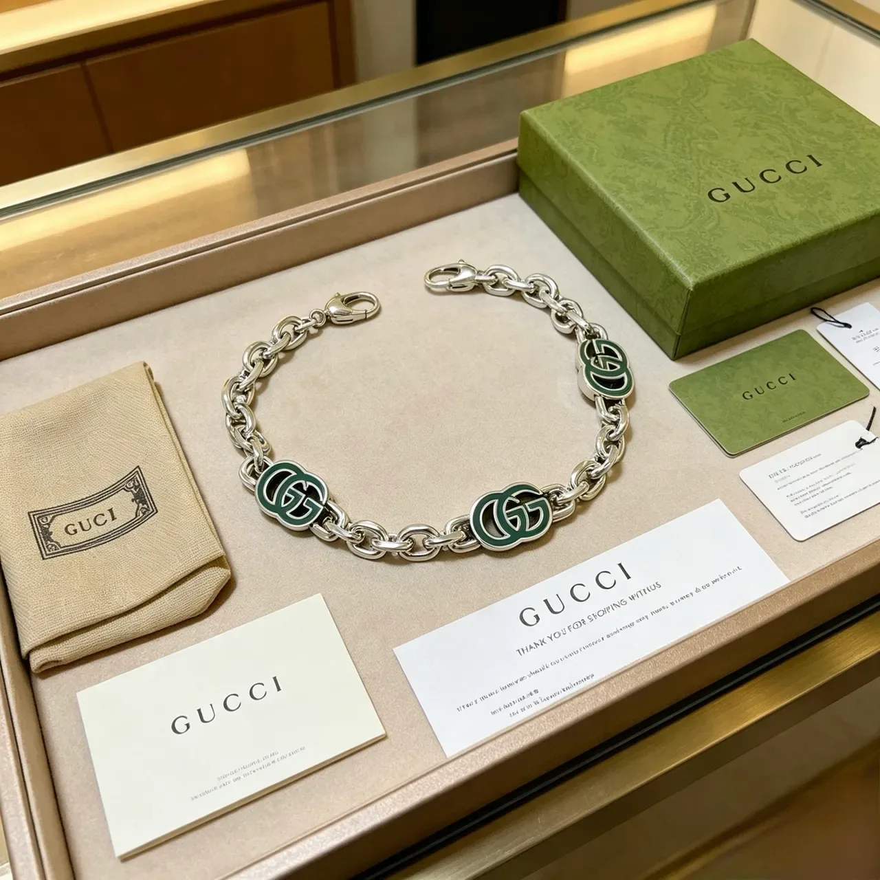 Gucci GG Marmont Green Enamel Silver Chain Bracelet 7
