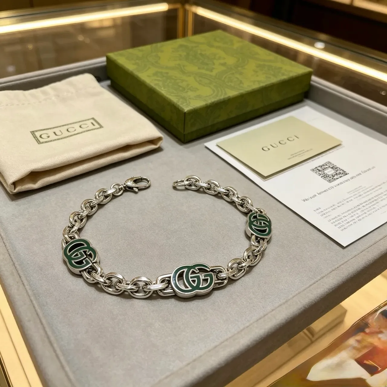 Gucci GG Marmont Green Enamel Silver Chain Bracelet 8
