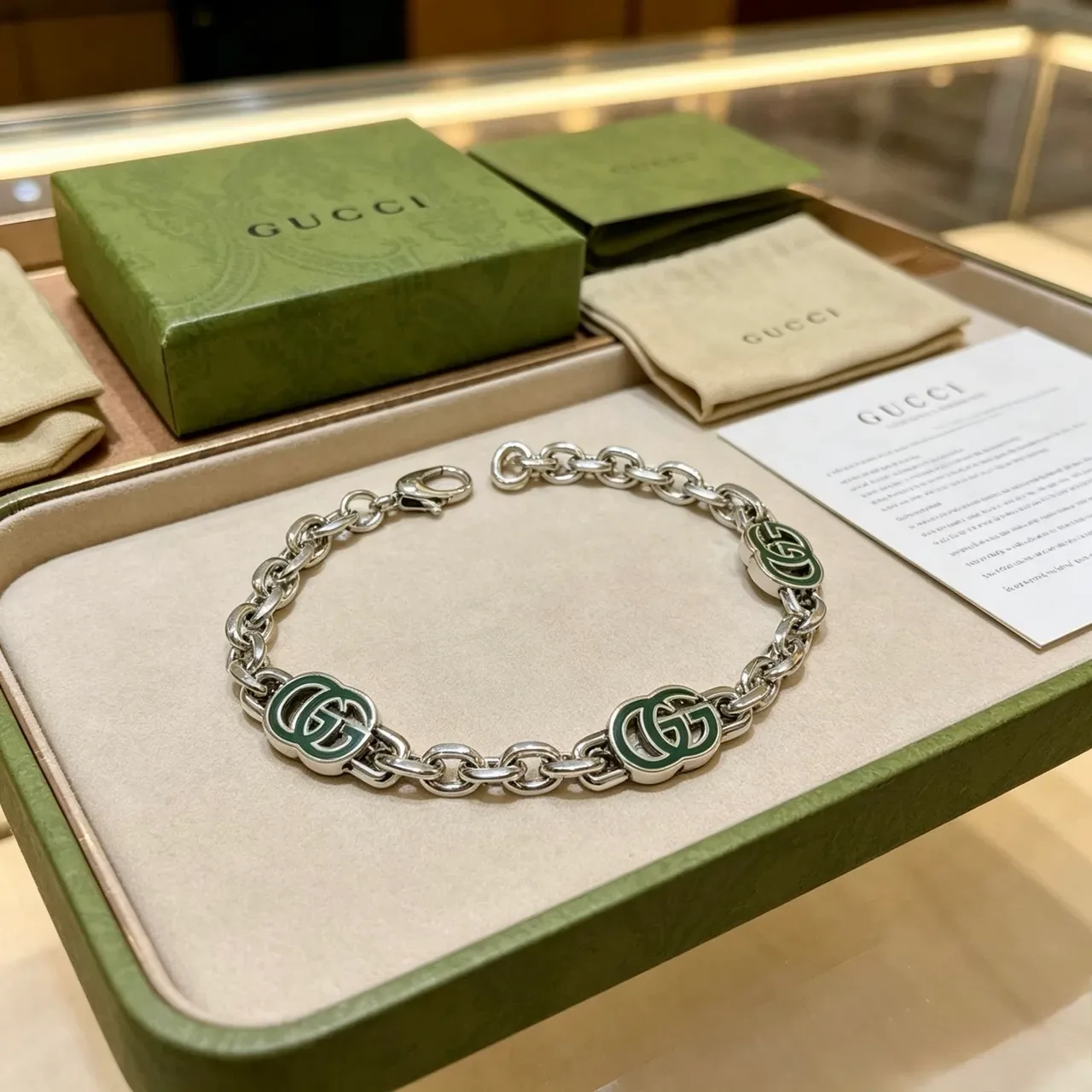 Gucci GG Marmont Green Enamel Silver Chain Bracelet 9