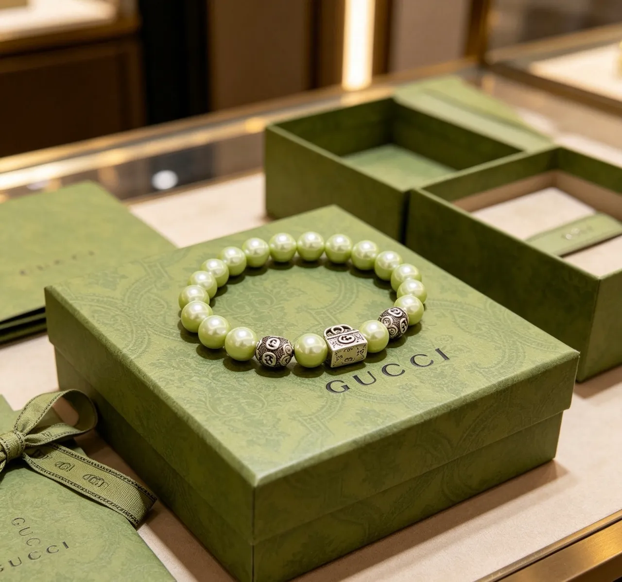Gucci GG Marmont Light Green Pearl and Silver-Tone Charm Bracelet 2