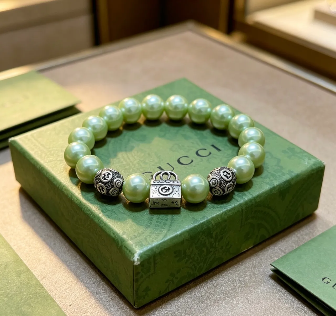 Gucci GG Marmont Light Green Pearl and Silver-Tone Charm Bracelet 4