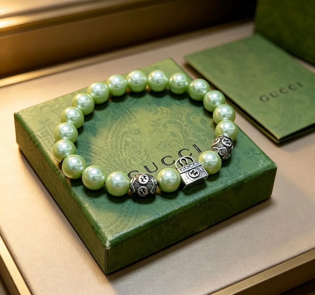 Gucci GG Marmont Light Green Pearl and Silver-Tone Charm Bracelet 5