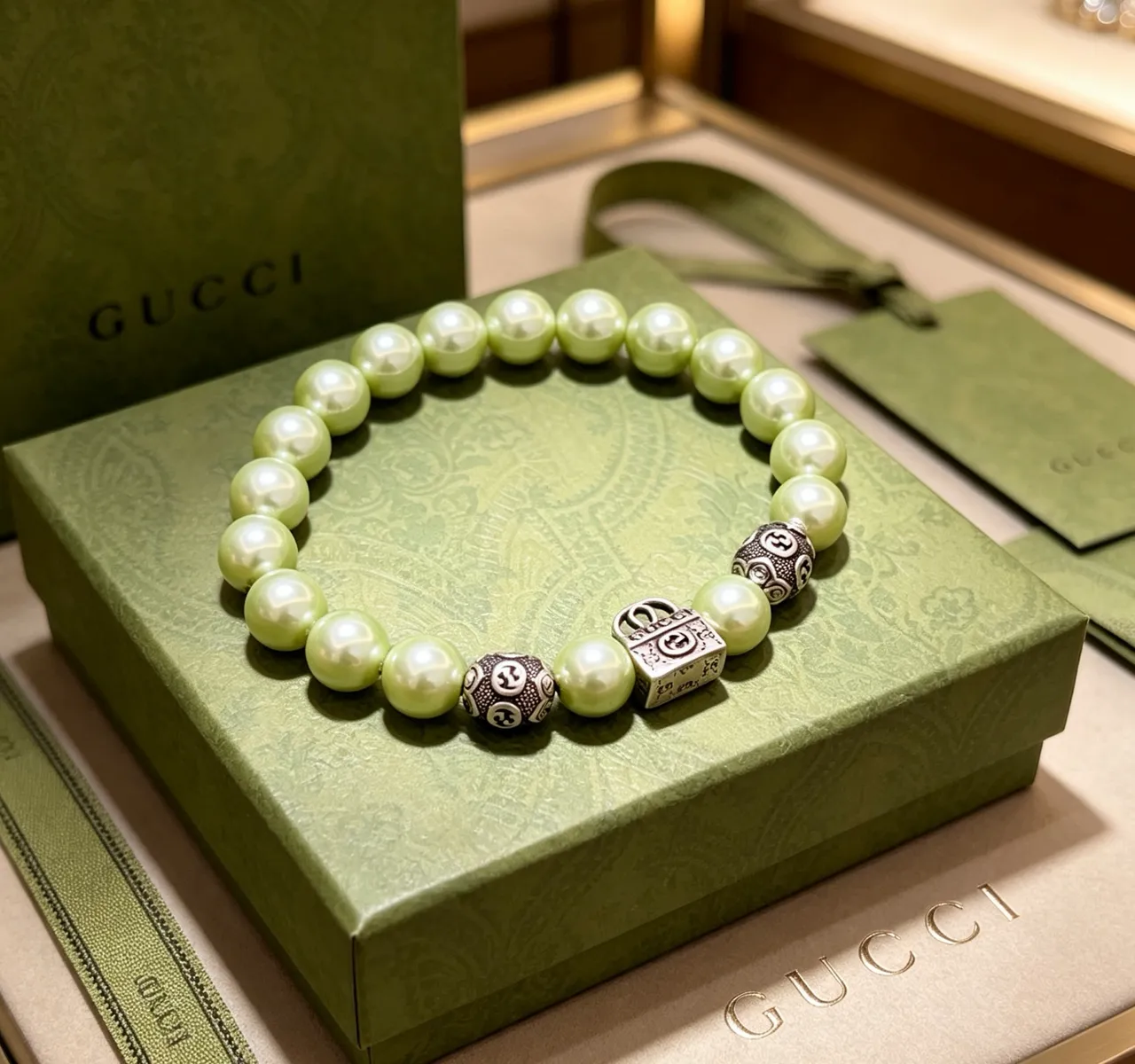 Gucci GG Marmont Light Green Pearl and Silver-Tone Charm Bracelet 7