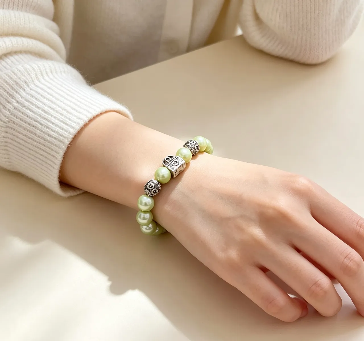 Gucci GG Marmont Light Green Pearl and Silver-Tone Charm Bracelet 8