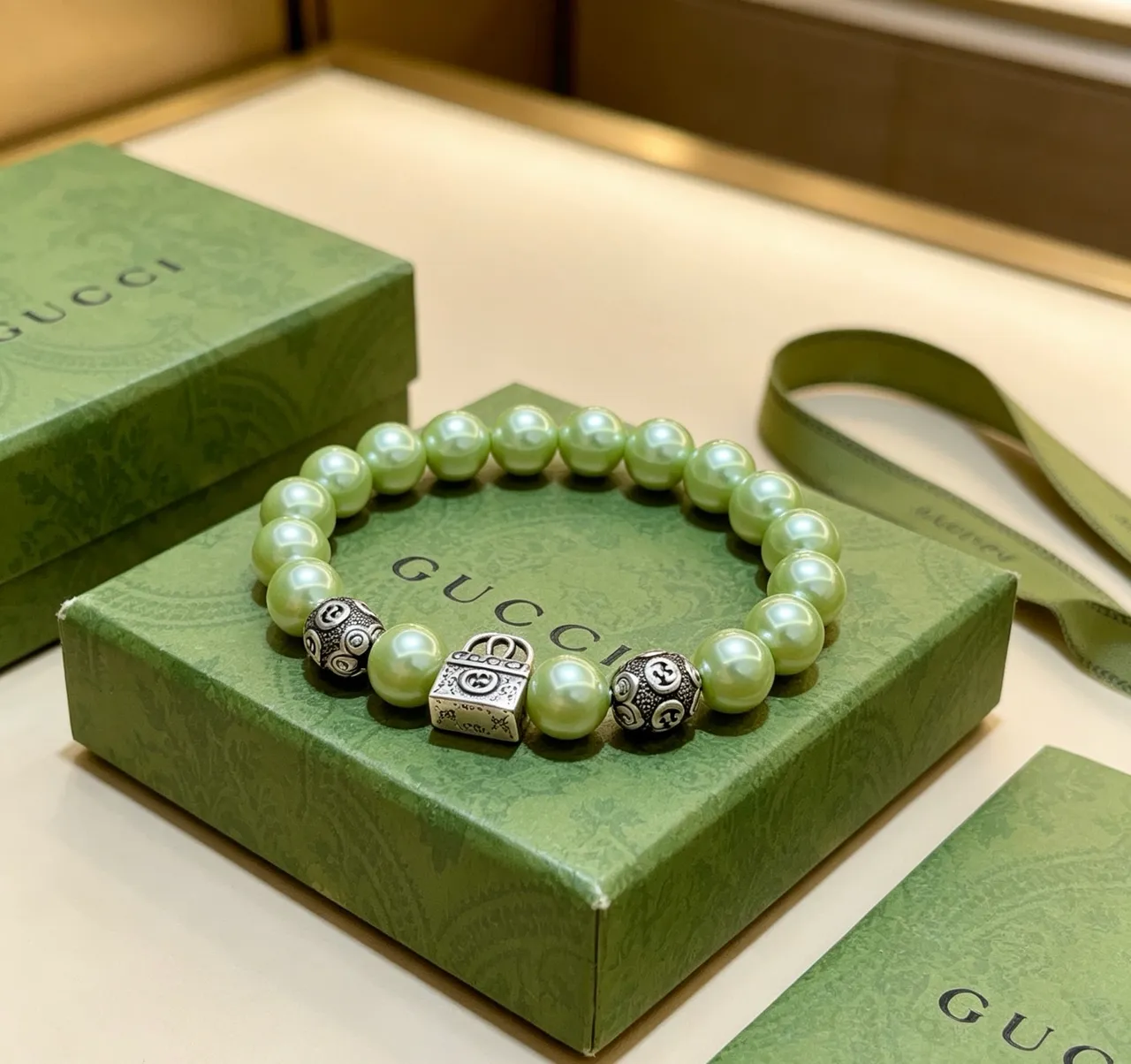 Gucci GG Marmont Light Green Pearl and Silver-Tone Charm Bracelet 9