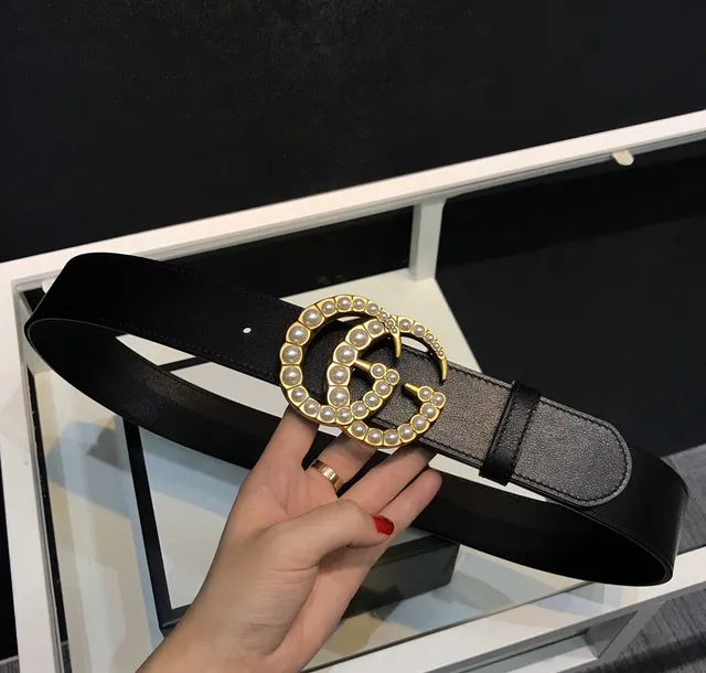 Gucci GG Marmont Pearl-Embellished Black Leather Belt 2