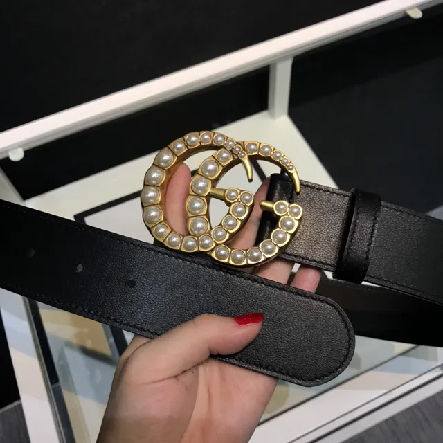 Gucci GG Marmont Pearl-Embellished Black Leather Belt 3