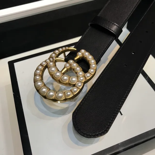 Gucci GG Marmont Pearl-Embellished Black Leather Belt 6