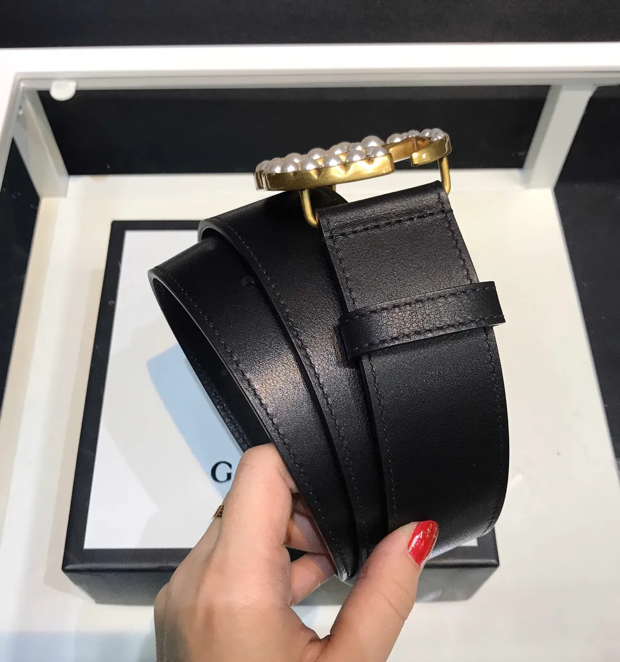 Gucci GG Marmont Pearl-Embellished Black Leather Belt 7
