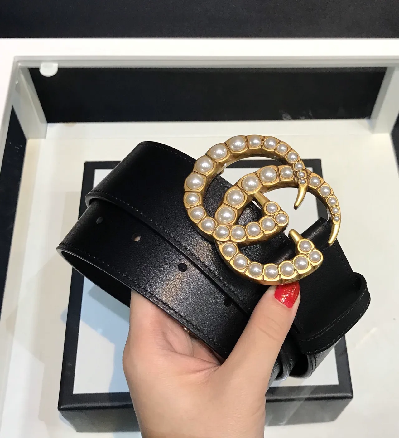 Gucci GG Marmont Pearl-Embellished Black Leather Belt 8