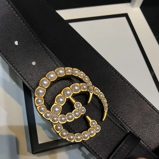 Gucci GG Marmont Pearl-Embellished Black Leather Belt 9