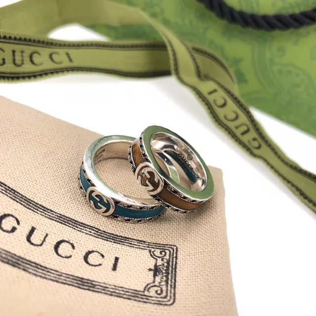 Gucci GG Marmont 银蓝宽带搪瓷镶嵌戒指 2