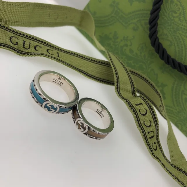 Gucci GG Marmont 银蓝宽带搪瓷镶嵌戒指 3