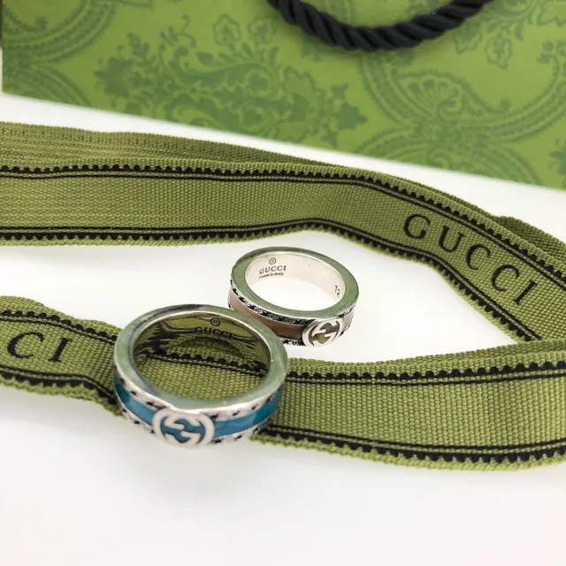 Gucci GG Marmont 银蓝宽带搪瓷镶嵌戒指 4