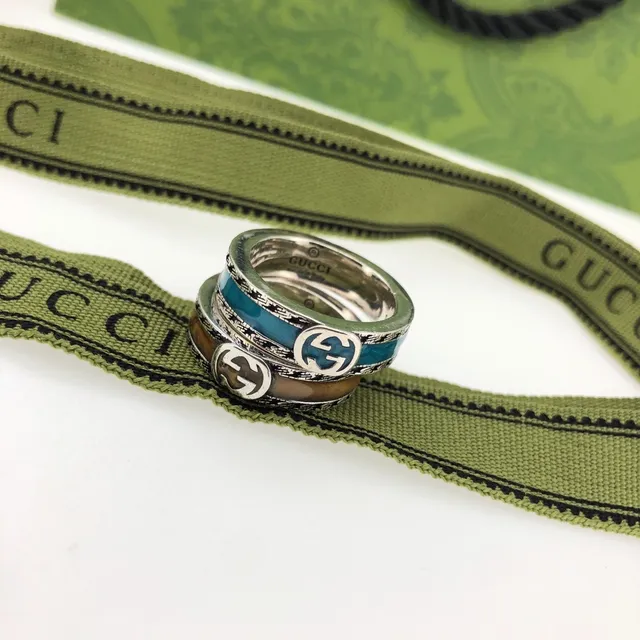 Gucci GG Marmont 银蓝宽带搪瓷镶嵌戒指 5