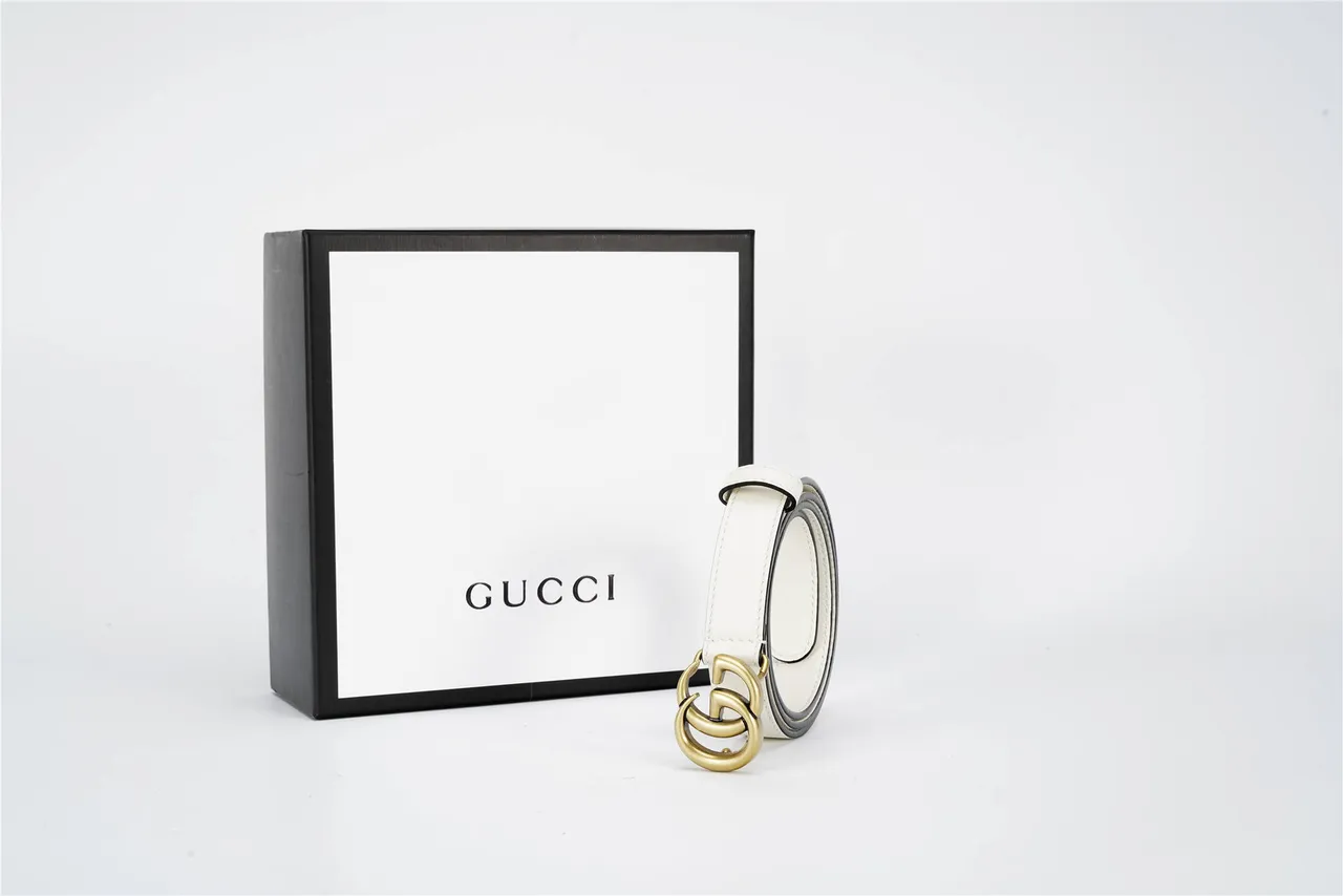 Gucci GG Marmont White Gold Narrow Interlocking G Buckle Leather Belt 6