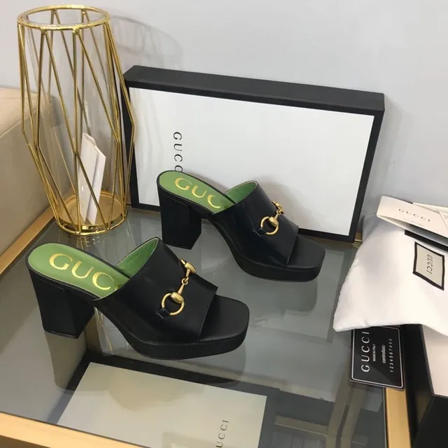 Gucci Horsebit 1955 Black Green Buckle Platform Block Heel Casual Sandals 2