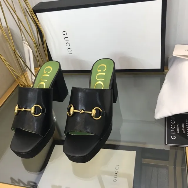 Gucci Horsebit 1955 Black Green Buckle Platform Block Heel Casual Sandals 3