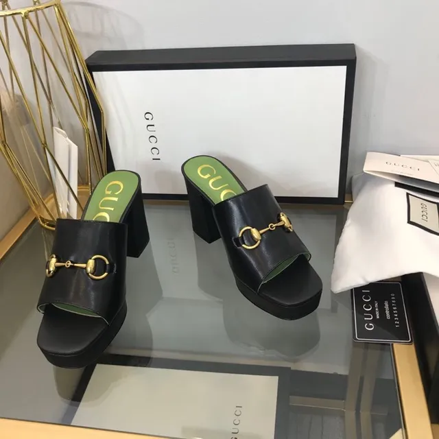 Gucci Horsebit 1955 Black Green Buckle Platform Block Heel Casual Sandals 4