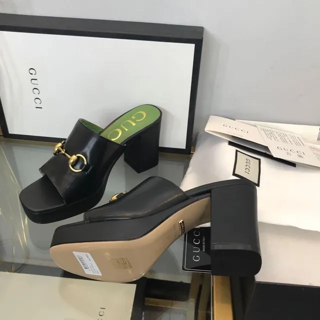 Gucci Horsebit 1955 Black Green Buckle Platform Block Heel Casual Sandals 5