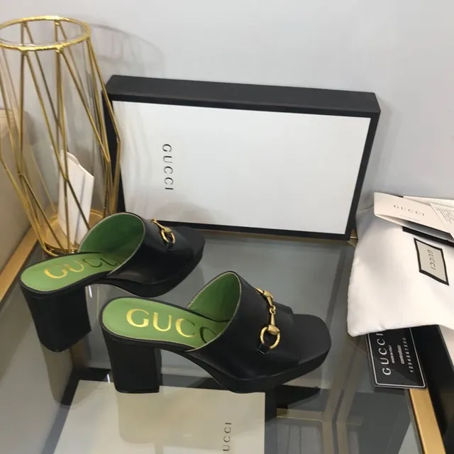 Gucci Horsebit 1955 Black Green Buckle Platform Block Heel Casual Sandals 6