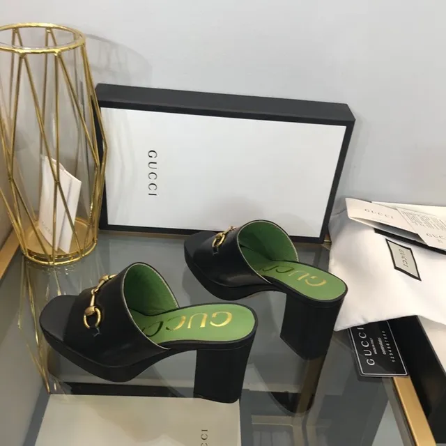 Gucci Horsebit 1955 Black Green Buckle Platform Block Heel Casual Sandals 7