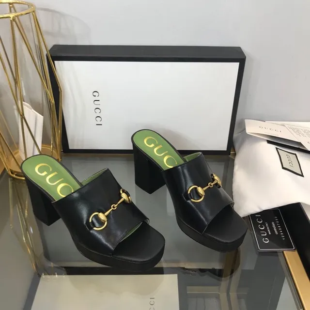 Gucci Horsebit 1955 Black Green Buckle Platform Block Heel Casual Sandals 8
