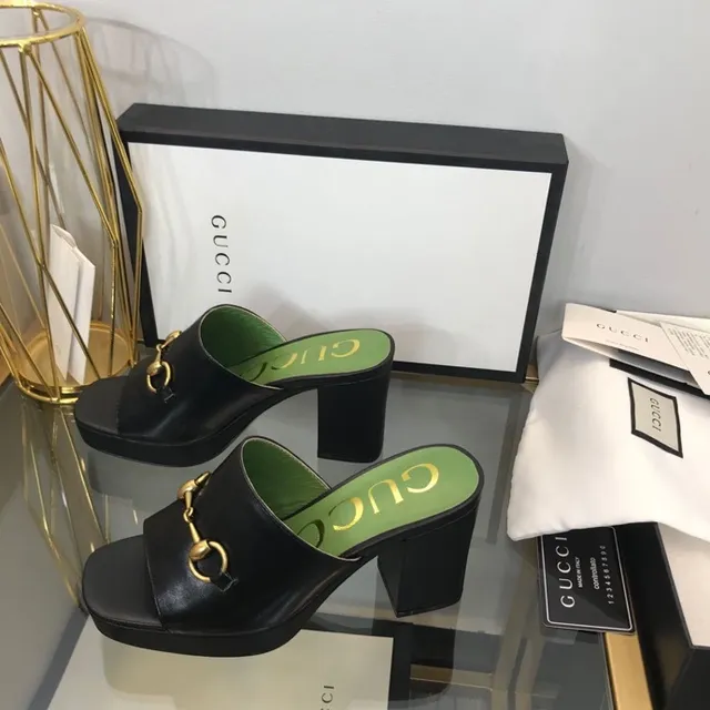 Gucci Horsebit 1955 Black Green Buckle Platform Block Heel Casual Sandals 9