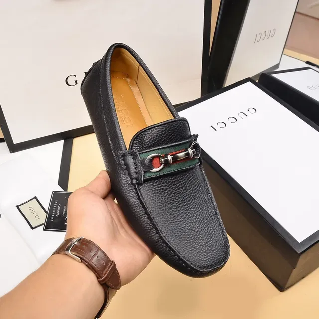 Gucci Horsebit 1955 Black Pebbled Leather Web Stripe Loafers 7