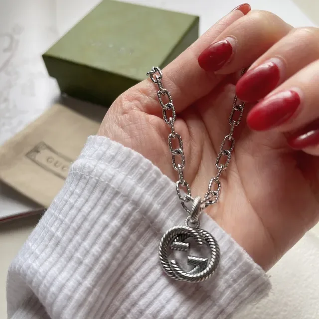 Gucci Horsebit 1955 Silver Beige Twisted Rope Chain Interlocking G Pendant Necklace 6